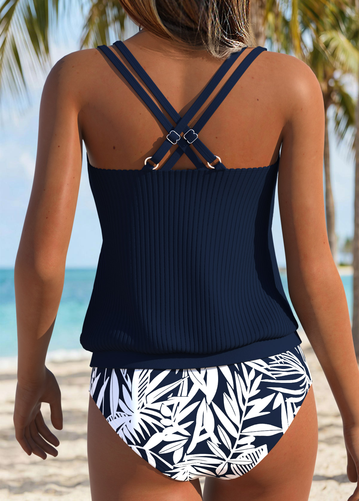 Navy Mid Waisted Drawstring Plants Print Tankini Set | picture 