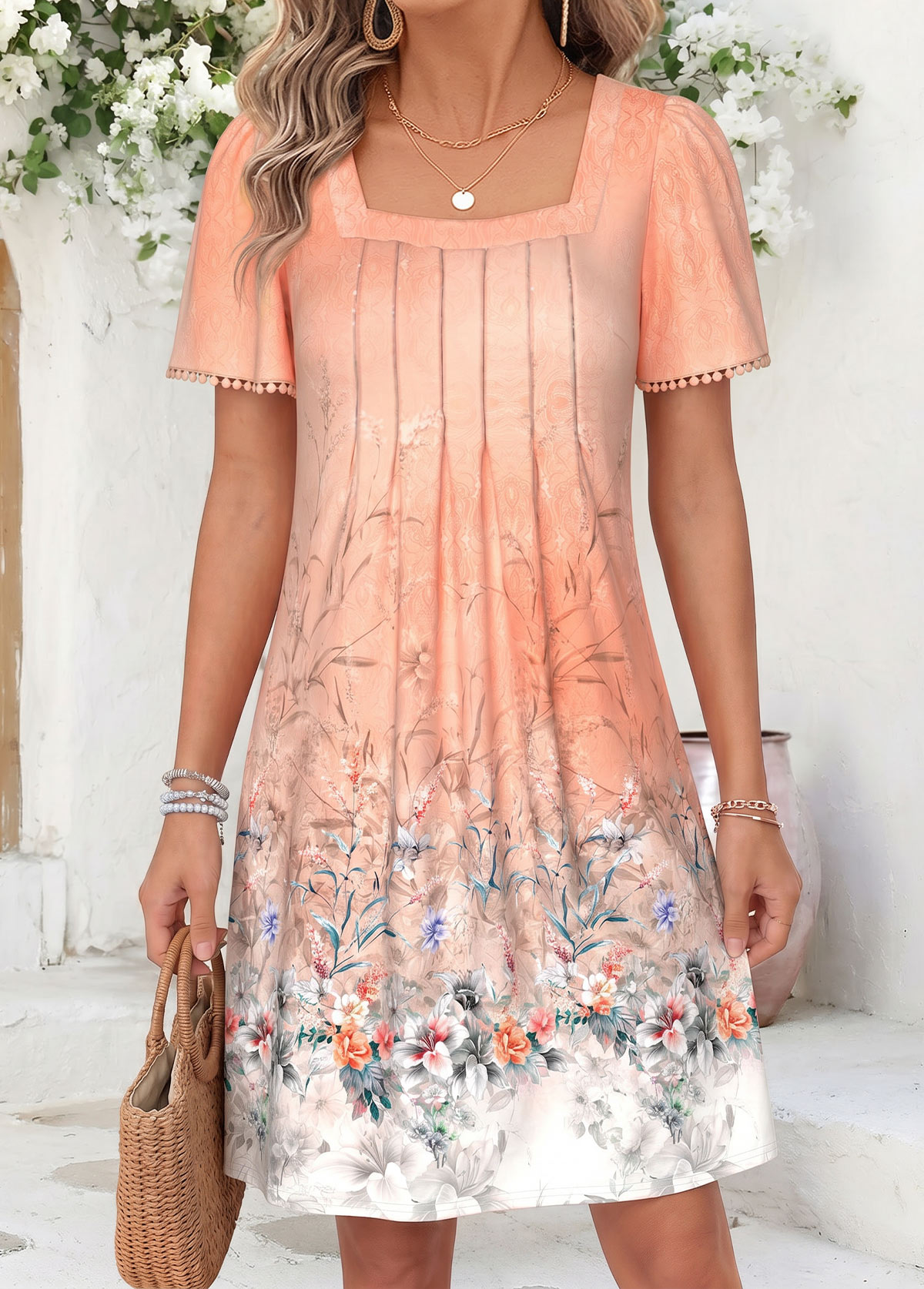 Dusty Pink Floral Print Short Tummy Coverage Dress | picture 