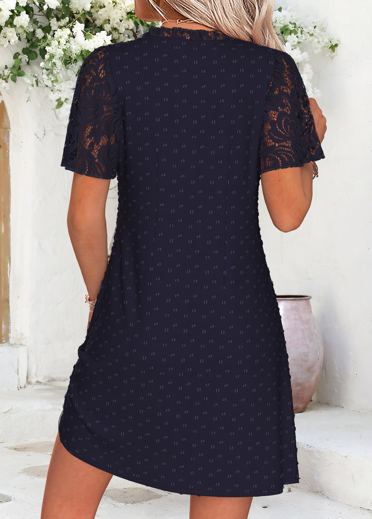 Navy Short Patchwork Split Neck Dress | picture 