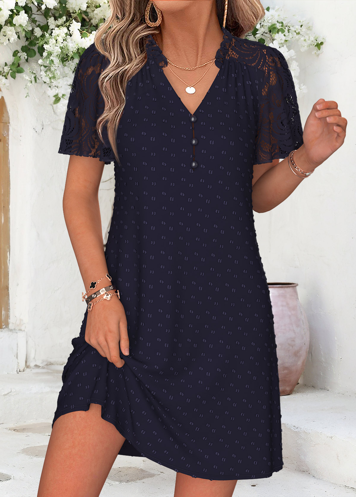 Navy Short Patchwork Split Neck Dress | picture 