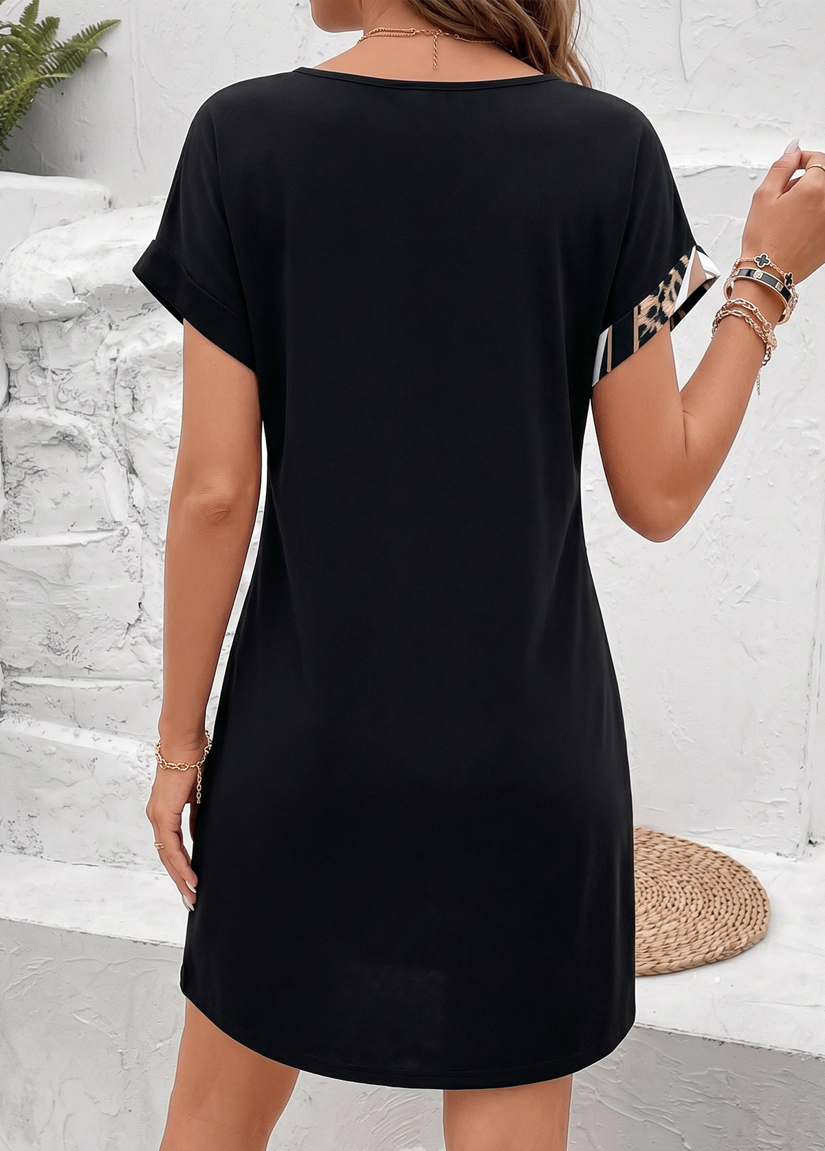Black Leopard Short Tuck Stitch Split Neck Dress | picture 
