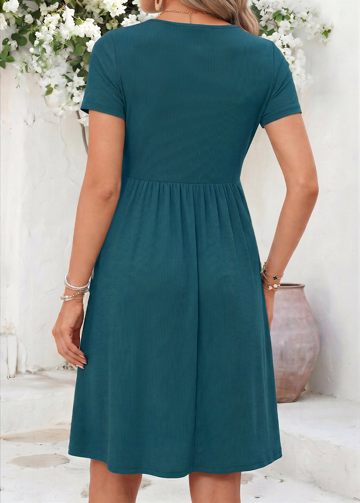 Turquoise Patchwork Short Sleeve Heart Collar Dress | picture 