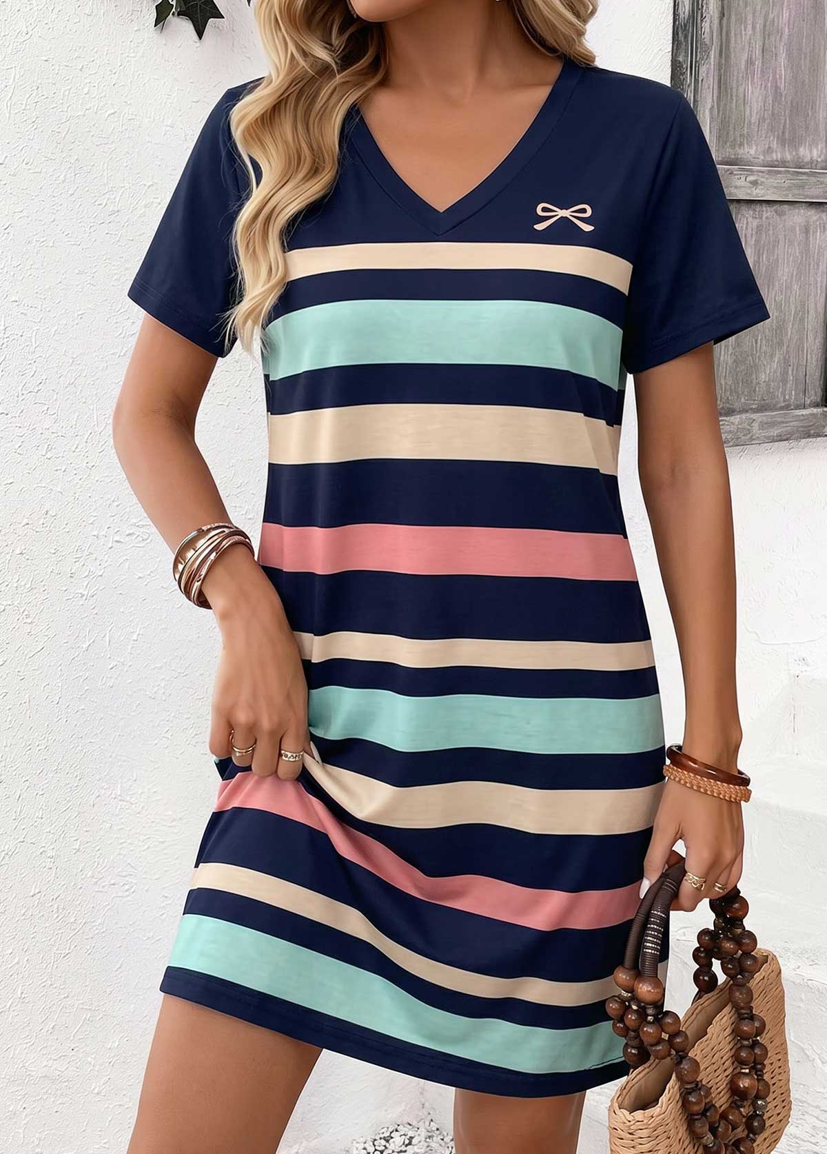 Multi Color Striped Short Tummy Coverage V Neck Dress | picture 