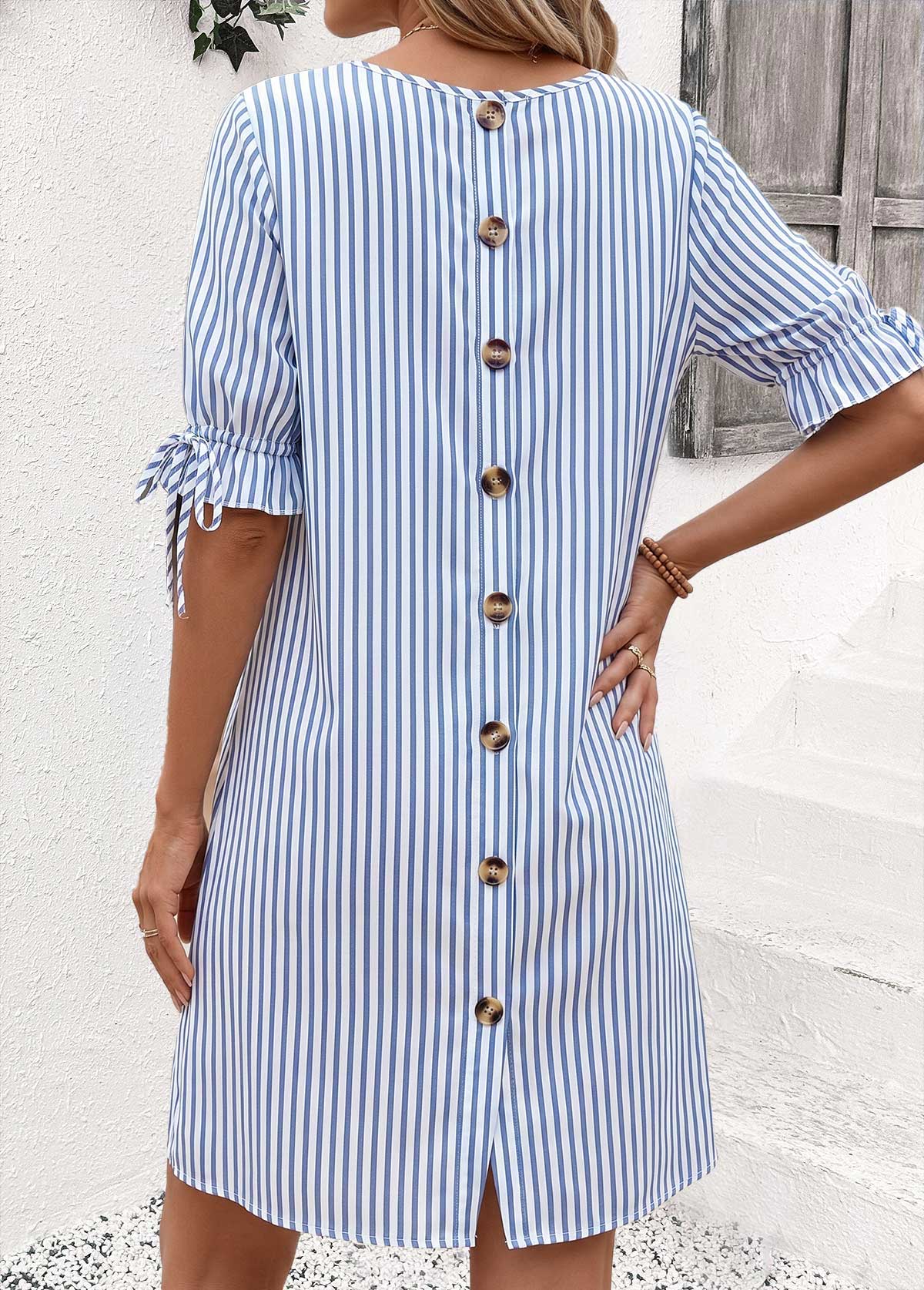Blue Striped Short Shirred Half Sleeve Round Neck Dress | picture 