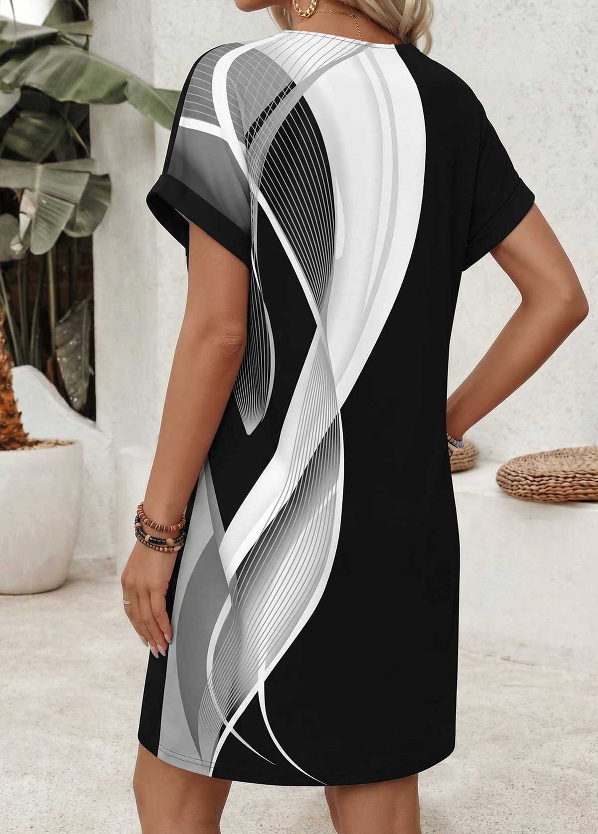 Black Geometric Print Short Tummy Coverage Split Neck Dress | picture 