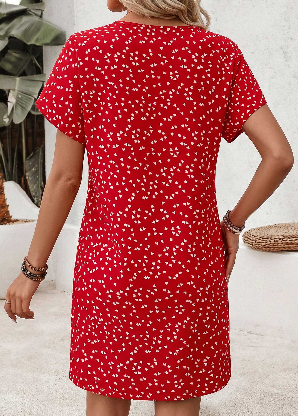 Red Geometric Print Short Tummy Coverage V Neck Dress | picture 