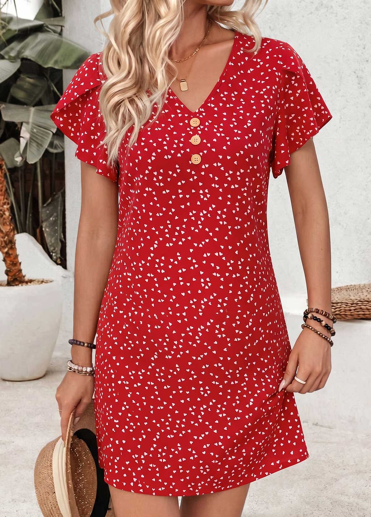 Red Geometric Print Short Tummy Coverage V Neck Dress | picture 