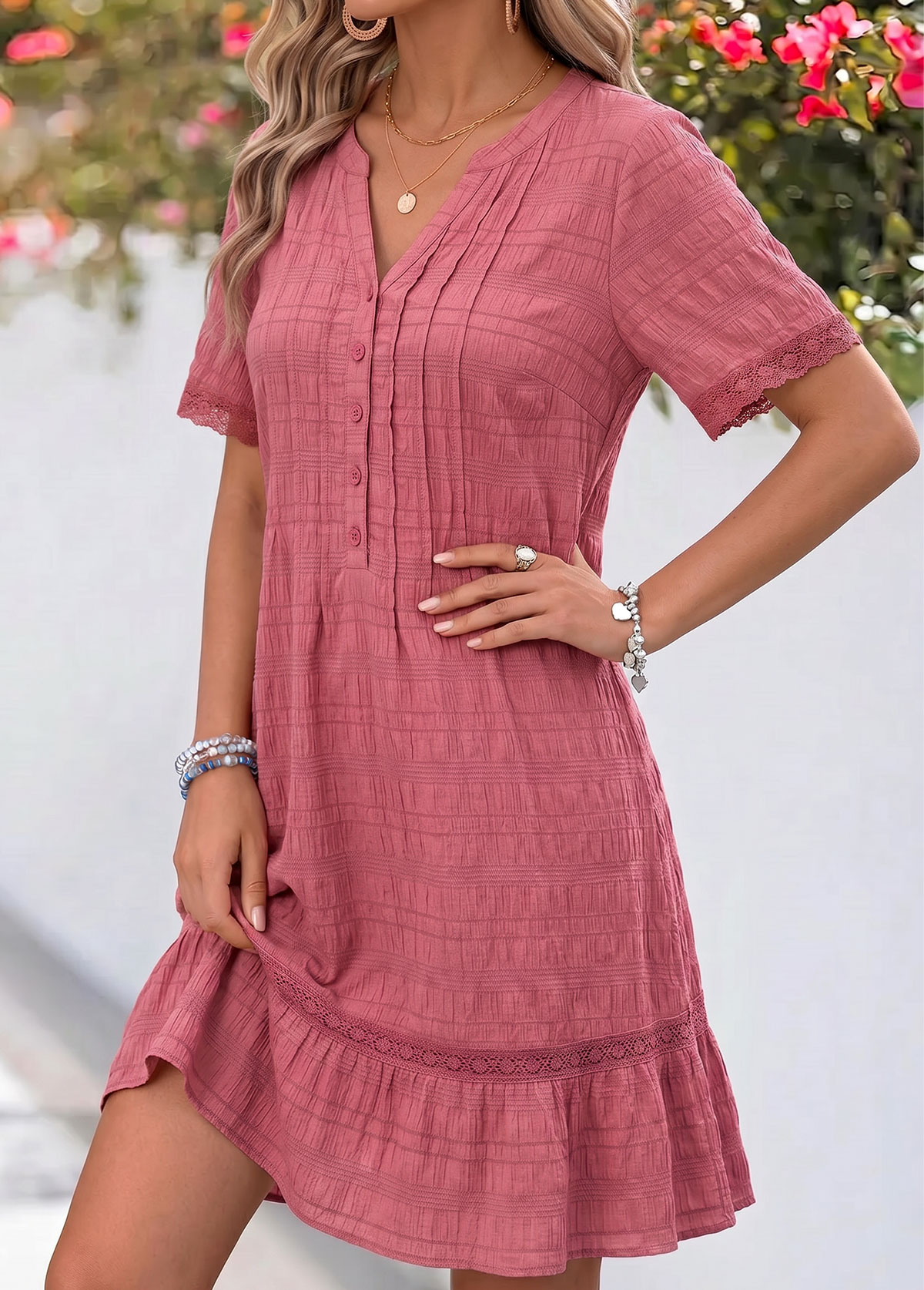 Pink Short Tummy Coverage Split Neck Dress | picture 