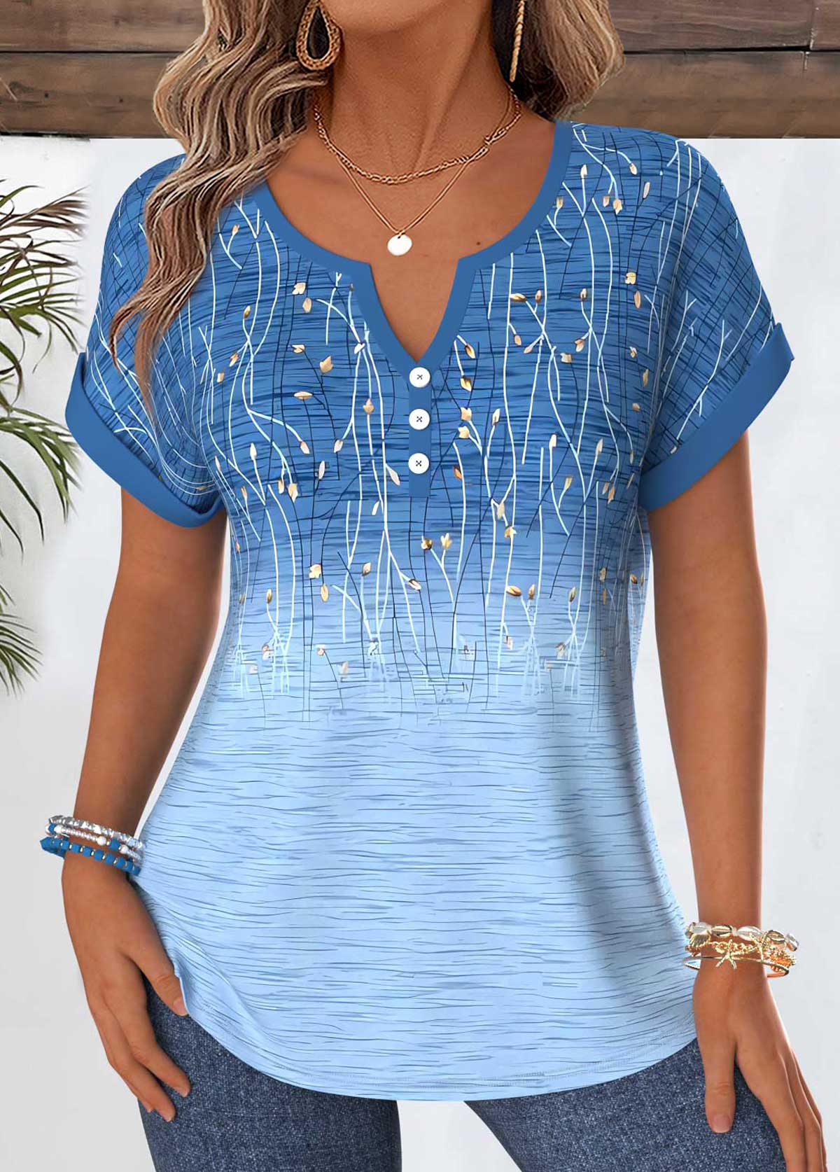 Modlily Plus Size Blue Tummy Coverage Ombre Short Sleeve Blouse - 2X