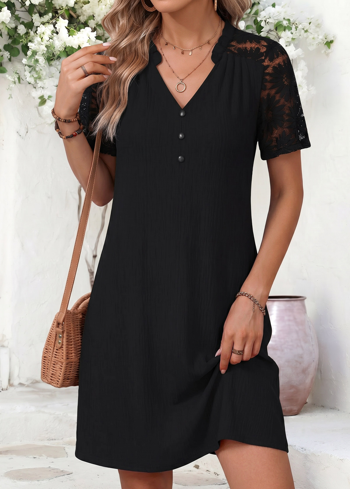 Black Short Patchwork V Neck Dress | picture 