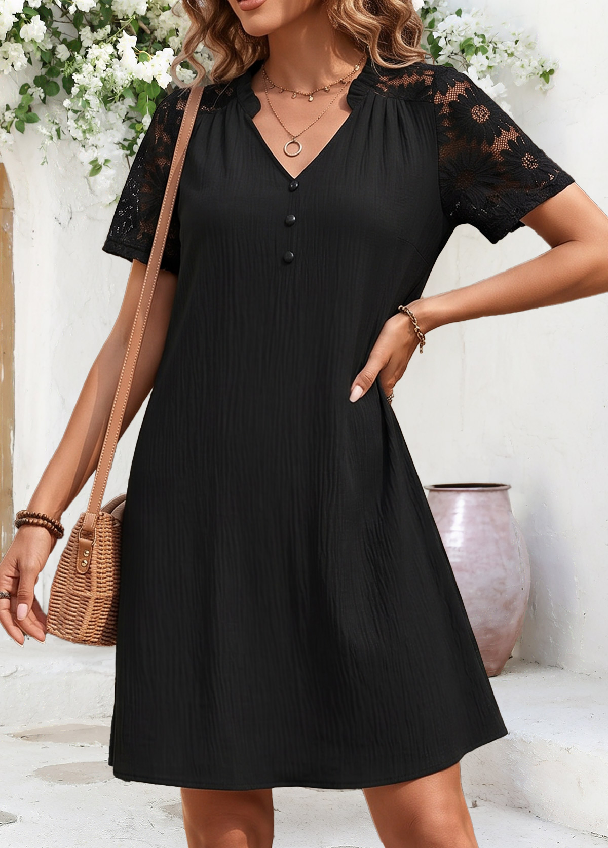 Black Short Patchwork V Neck Dress | picture 
