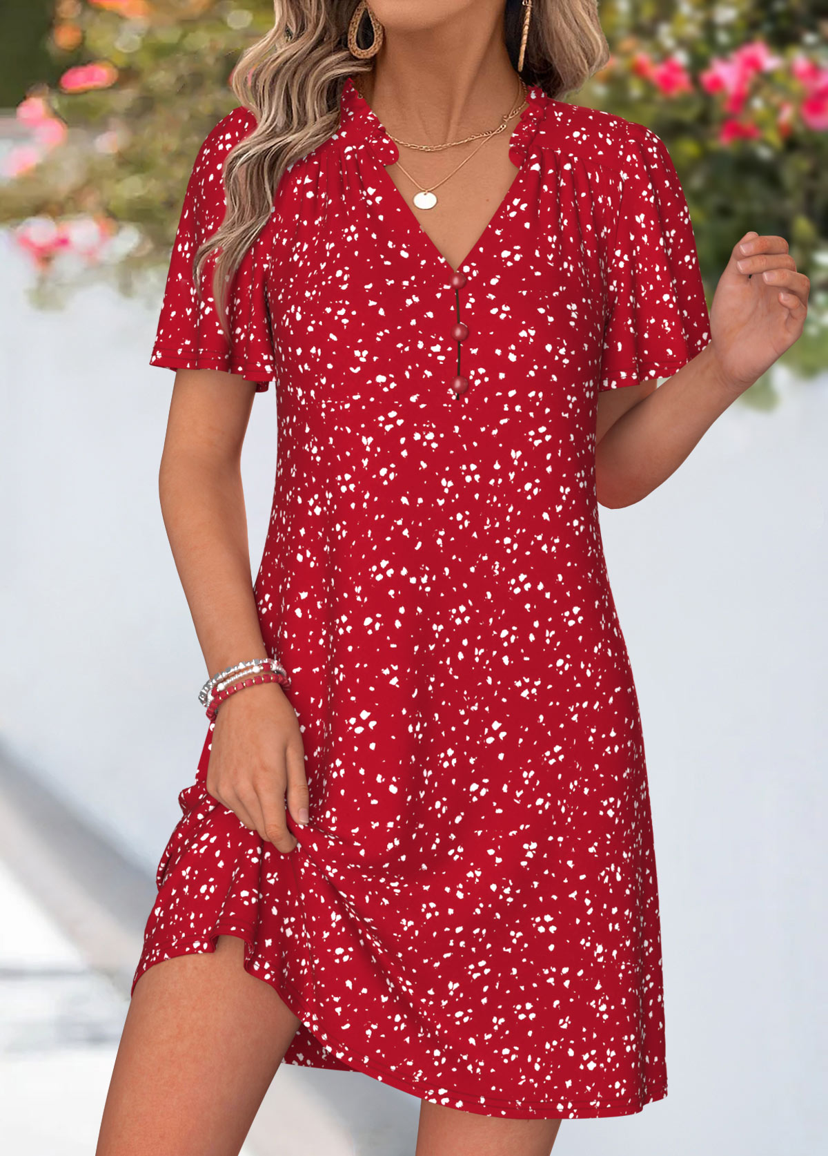 Red Geometric Print Short Frill V Neck Dress | picture 