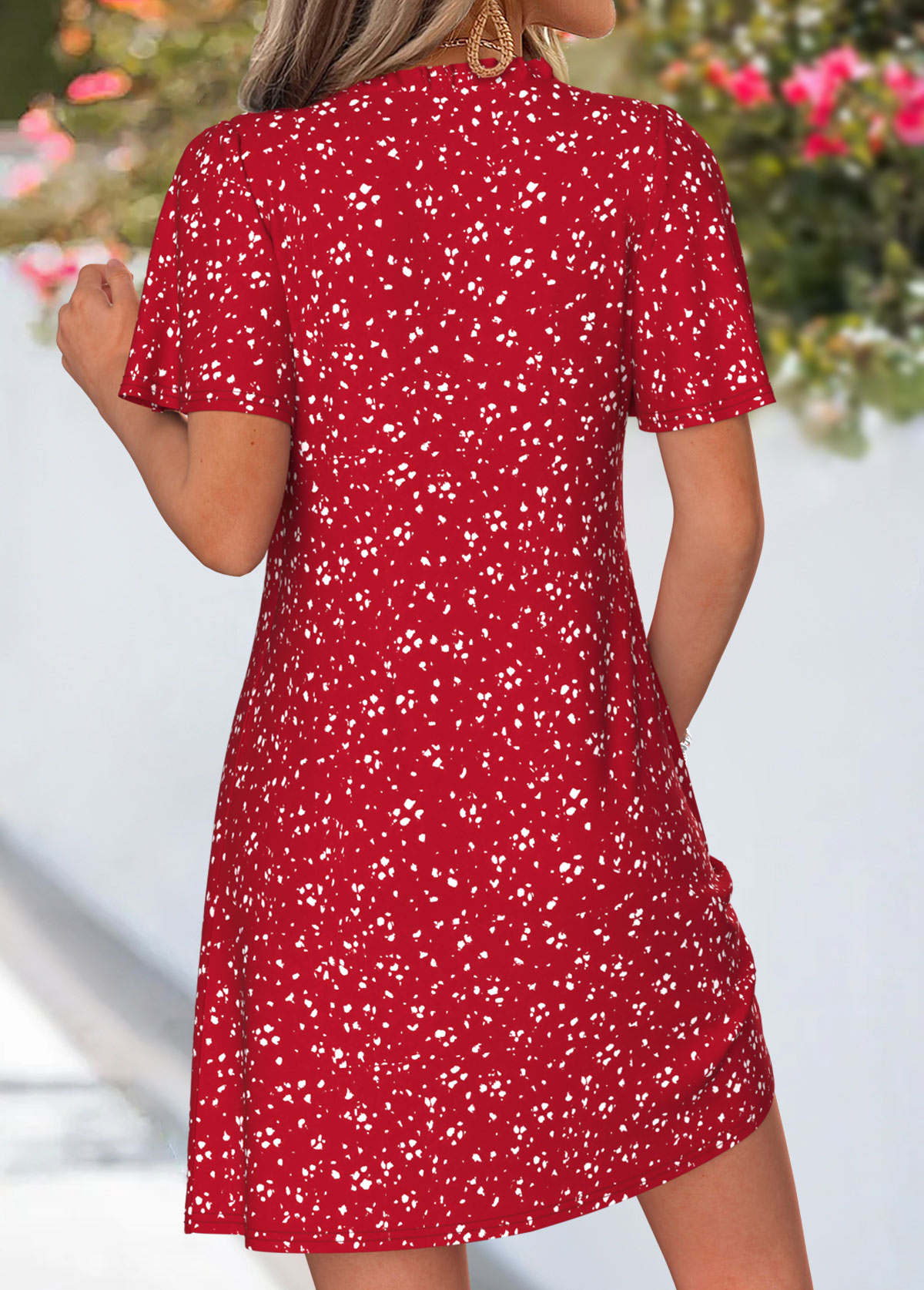 Red Geometric Print Short Frill V Neck Dress | picture 