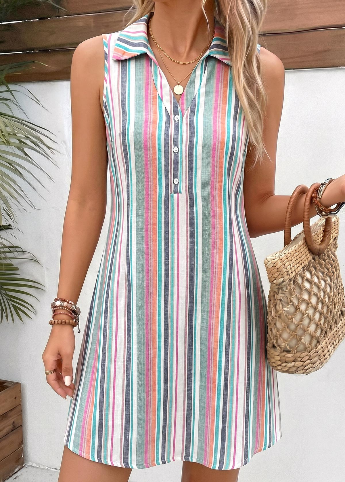 Multi Color Striped Short Tummy Coverage Sleeveless Dress | picture 