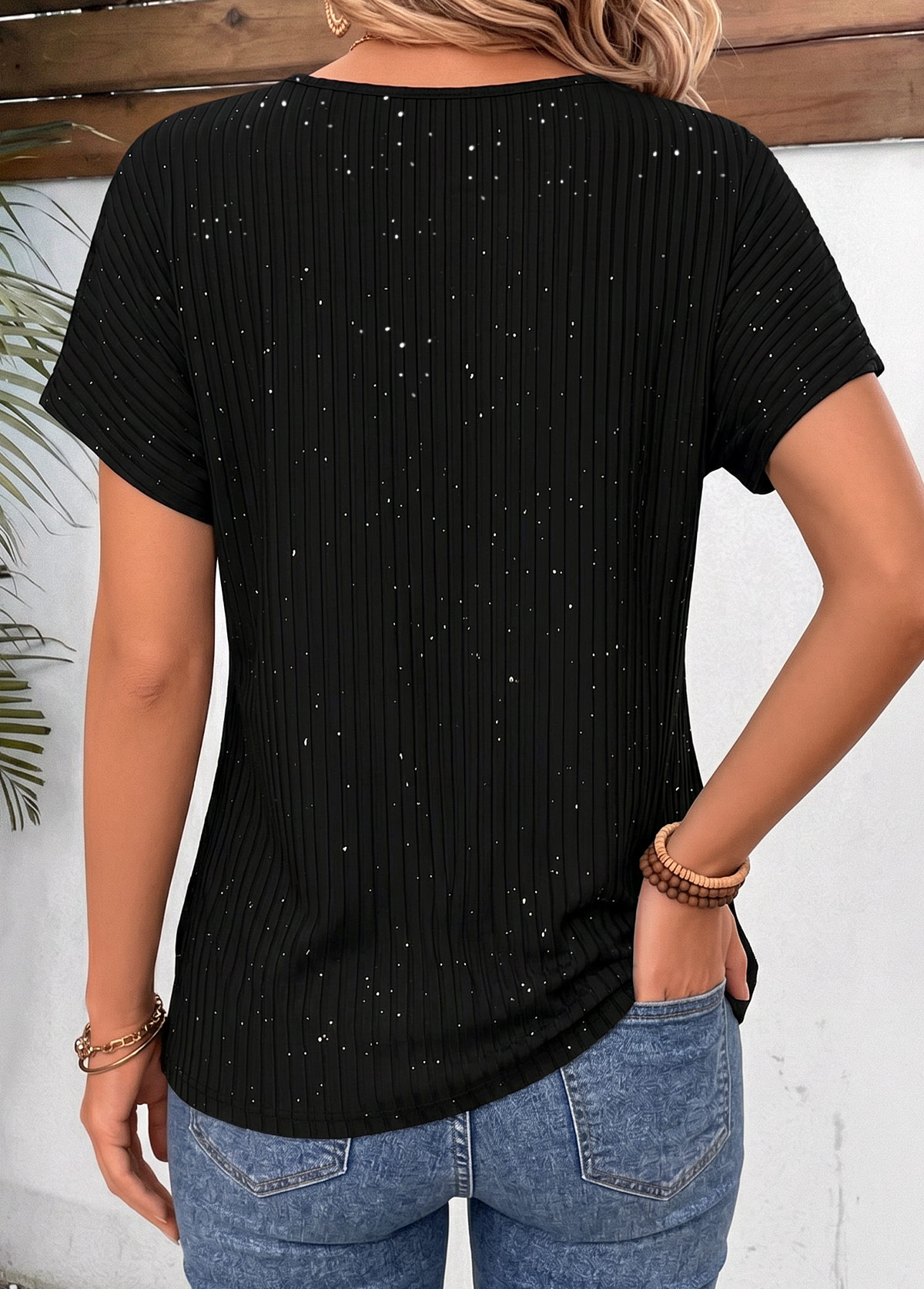 Black Lace Trim Short Sleeve Round Neck Blouse | picture 