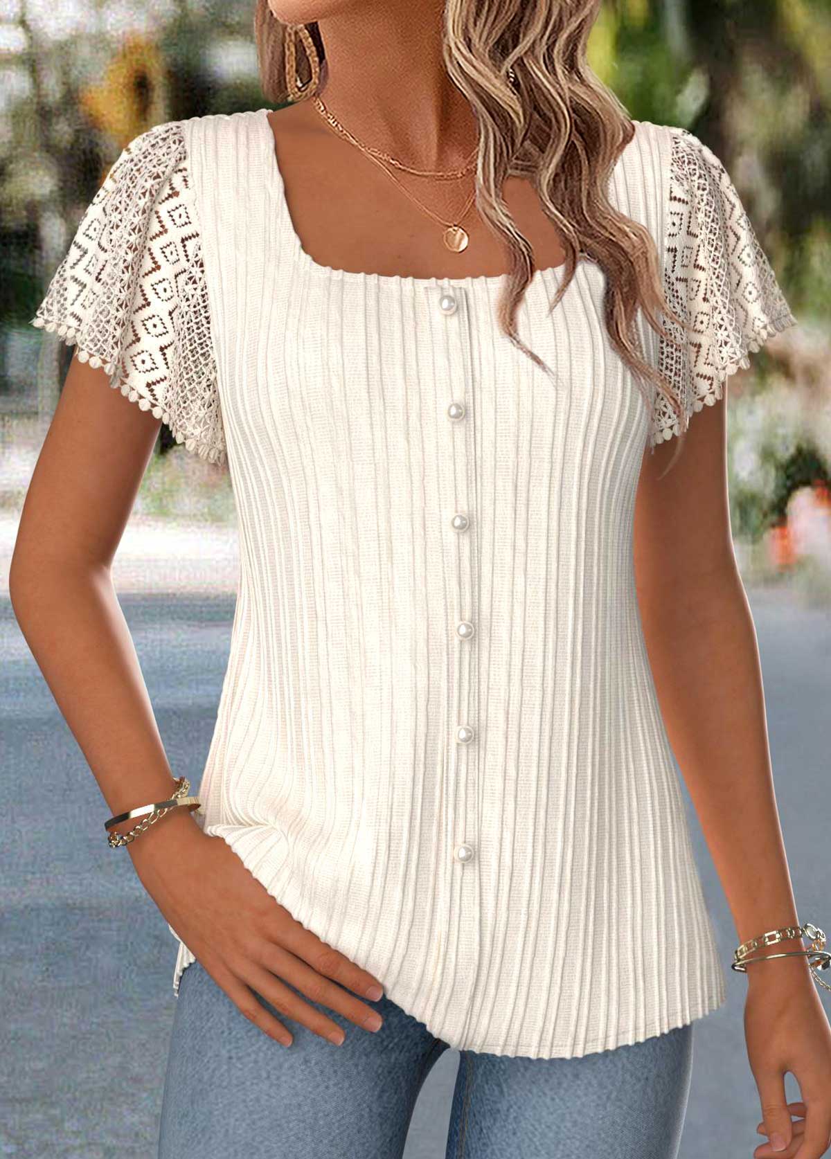 Beige Curved Hem Short Sleeve Square Neck Blouse | picture 