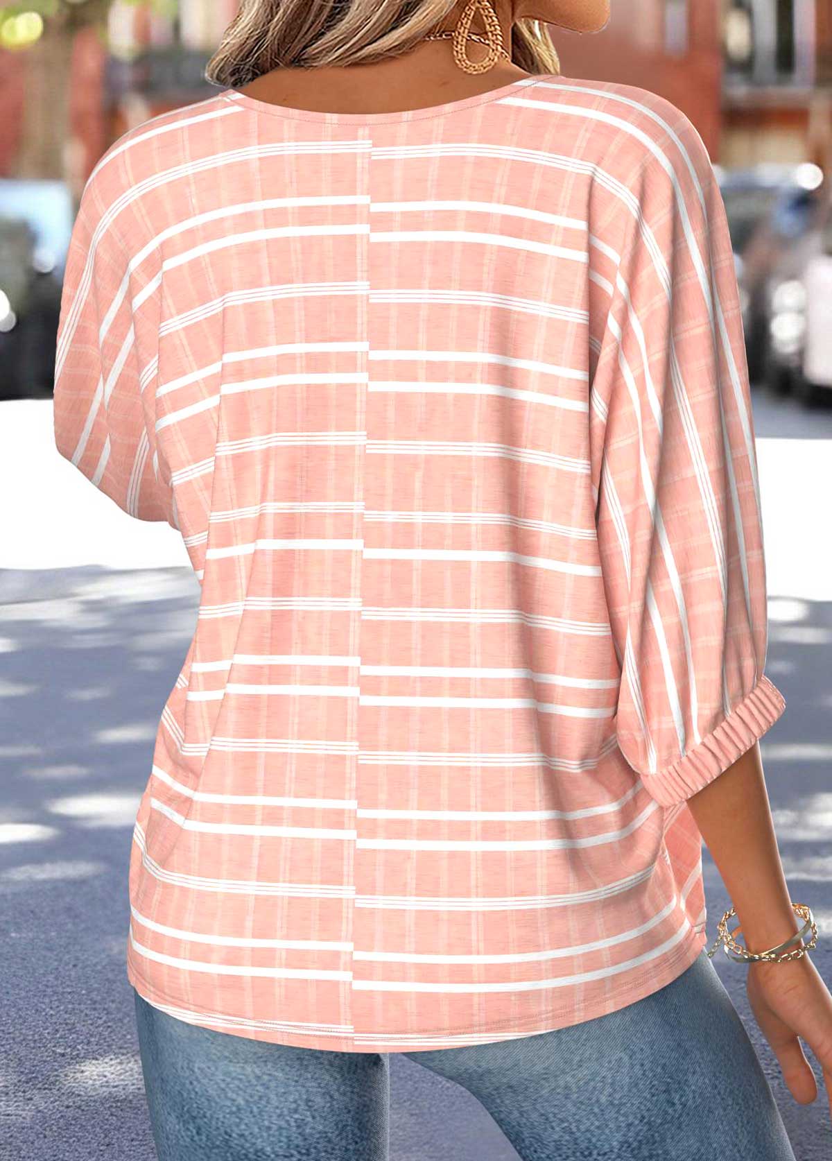 Pink Striped Tummy Coverage 3/4 Sleeve Round Neck Blouse | picture 