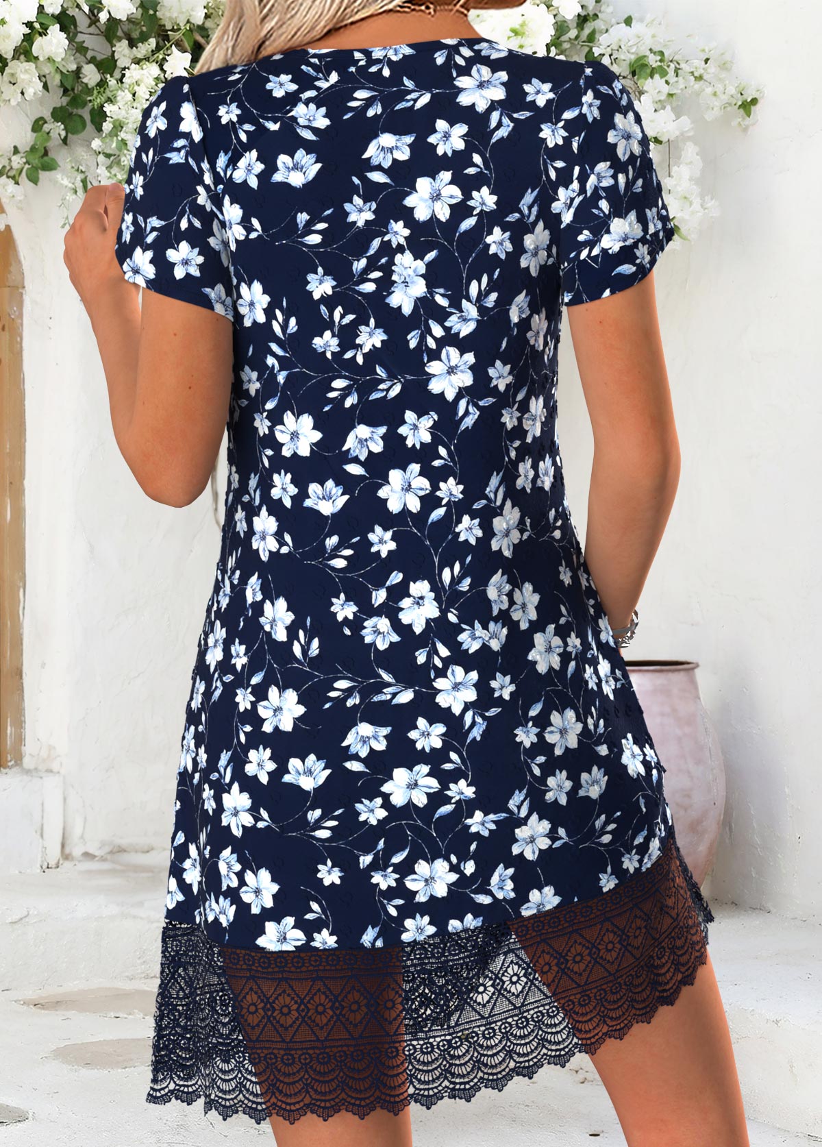Blue Floral Print Short V Neck Dress | picture 