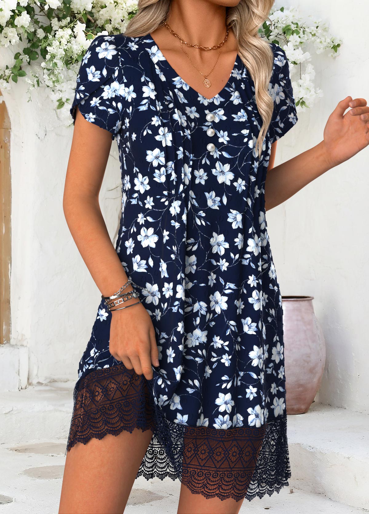Blue Floral Print Short V Neck Dress | picture 