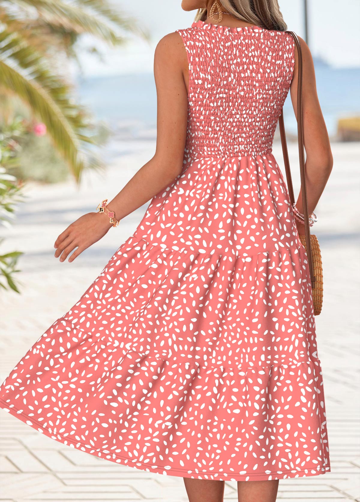 Pink Polka Dot Tummy Coverage Sleeveless Round Neck Dress | picture 