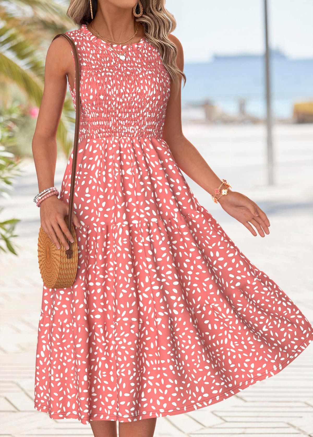 Pink Polka Dot Tummy Coverage Sleeveless Round Neck Dress | picture 
