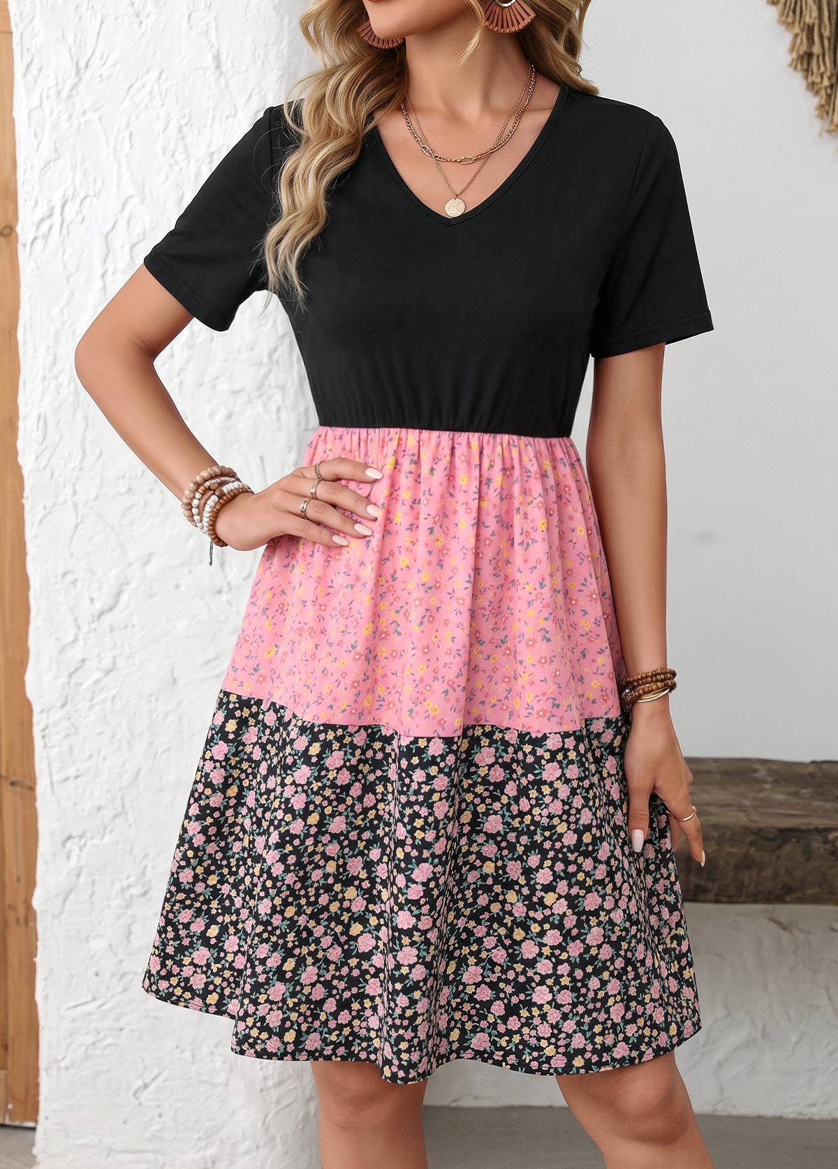 Multi Color Ditsy Floral Print Short Patchwork Dress | picture 