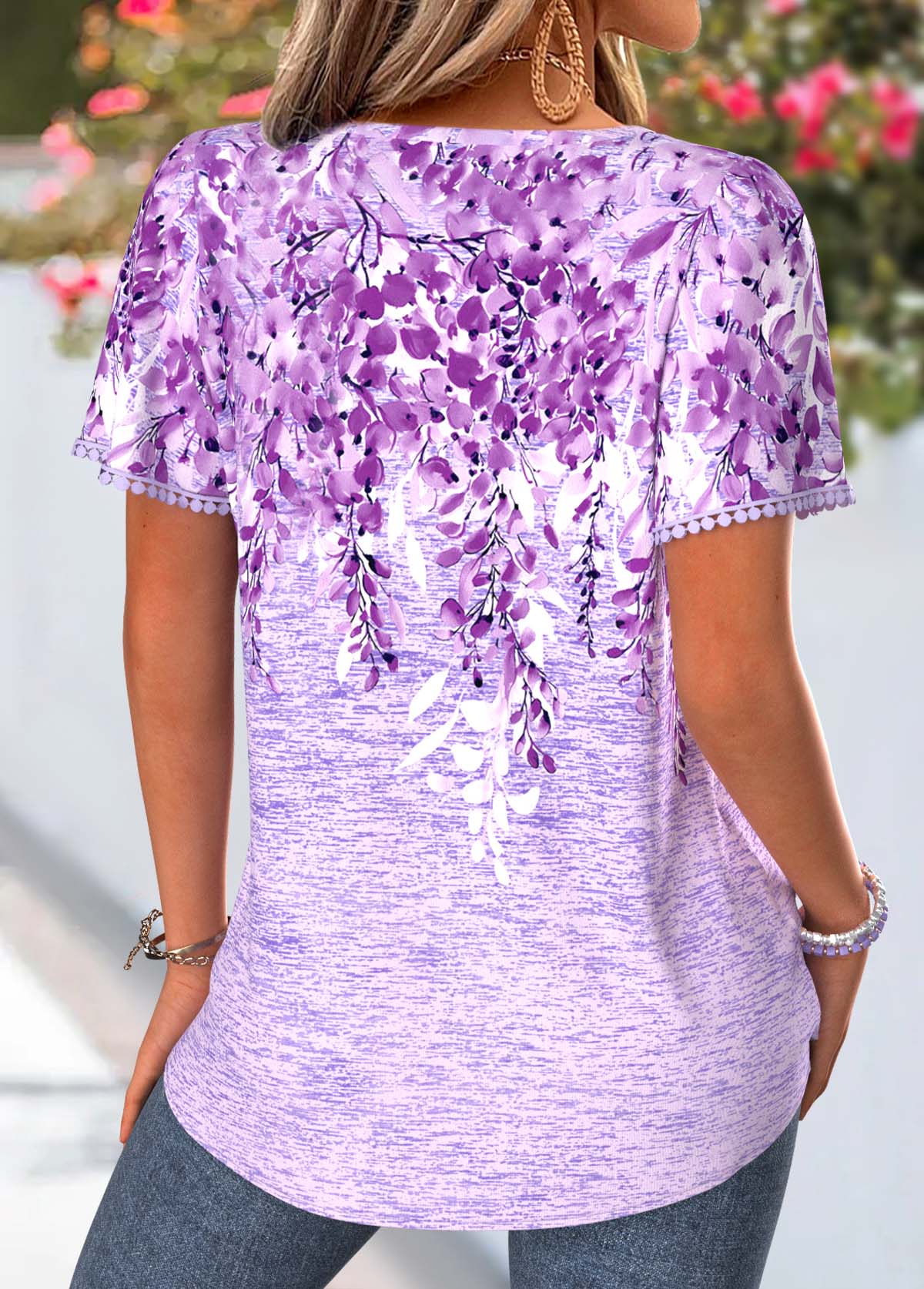 Purple Floral Print Tummy Coverage Short Sleeve Blouse | picture 