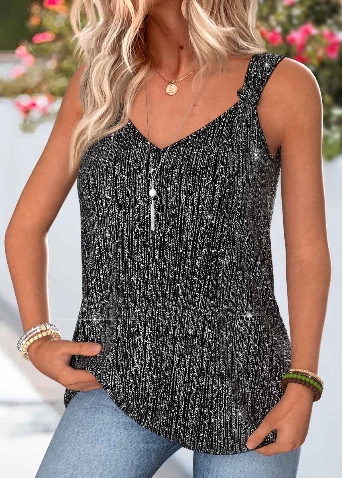 Black Tie Sleeveless V Neck Tank Top | picture 