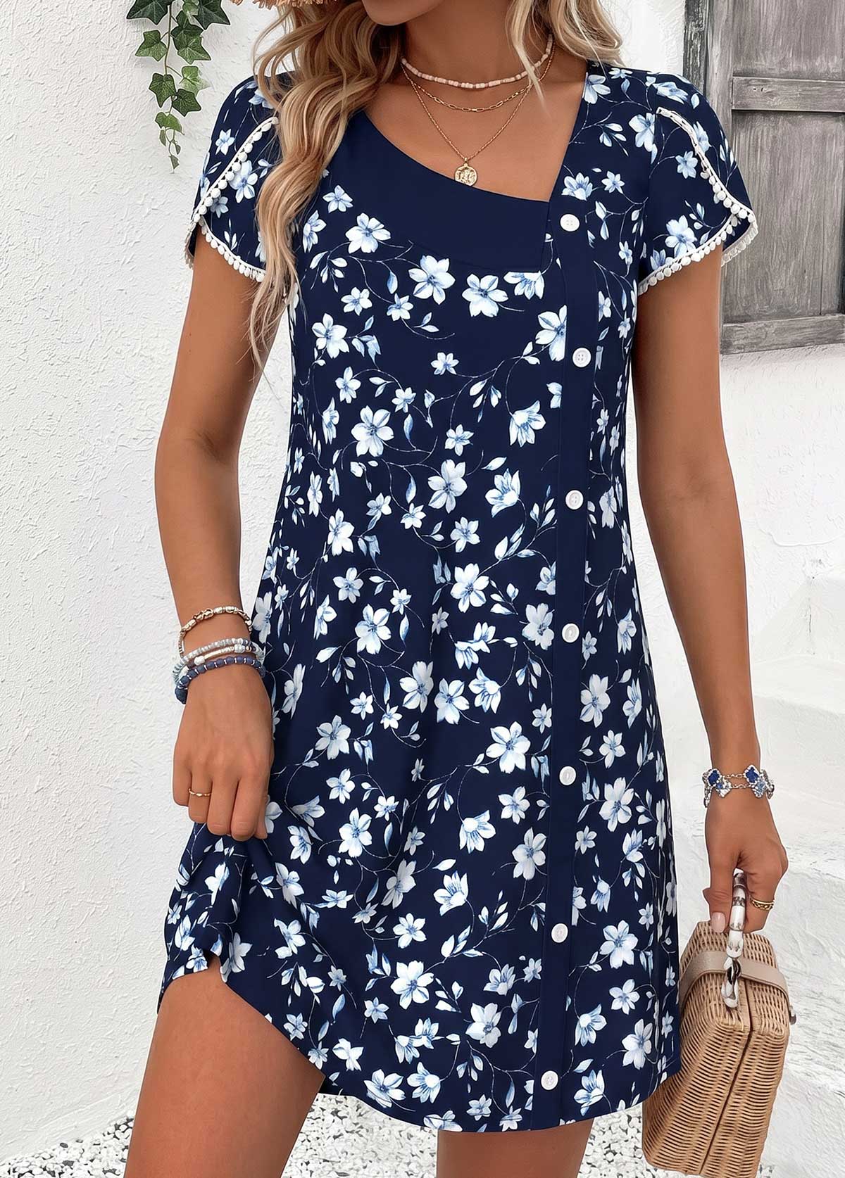 Navy Short Tummy Coverage Asymmetrical Neck Dress | picture 