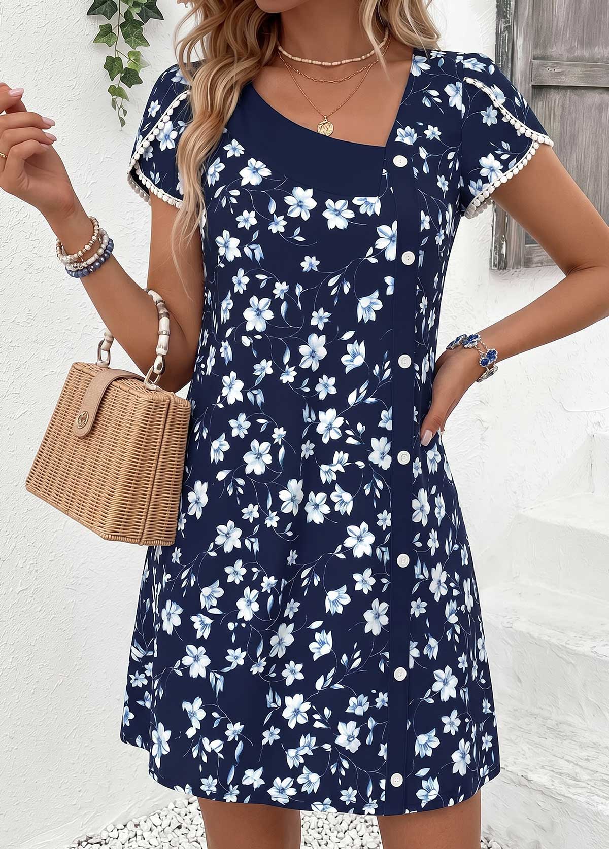 Navy Short Tummy Coverage Asymmetrical Neck Dress | picture 