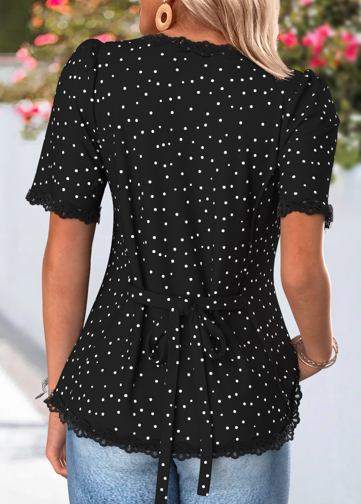 Black Polka Dot Patchwork Short Sleeve Square Neck Blouse | picture 