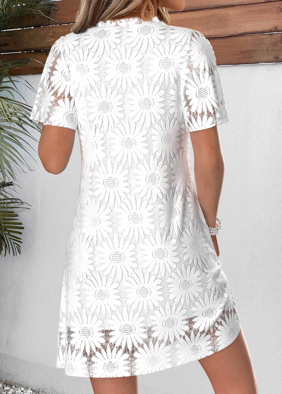 White Geometric Print Short Layered Split Neck Dress | picture 
