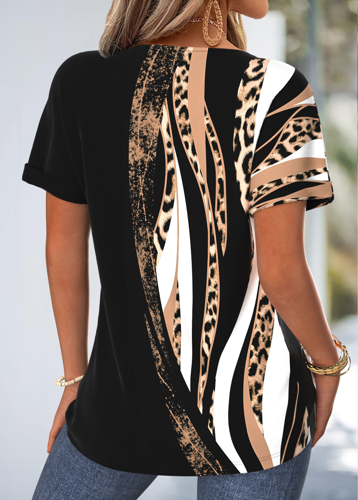 Black Leopard Tummy Coverage Short Sleeve T Shirt | picture 