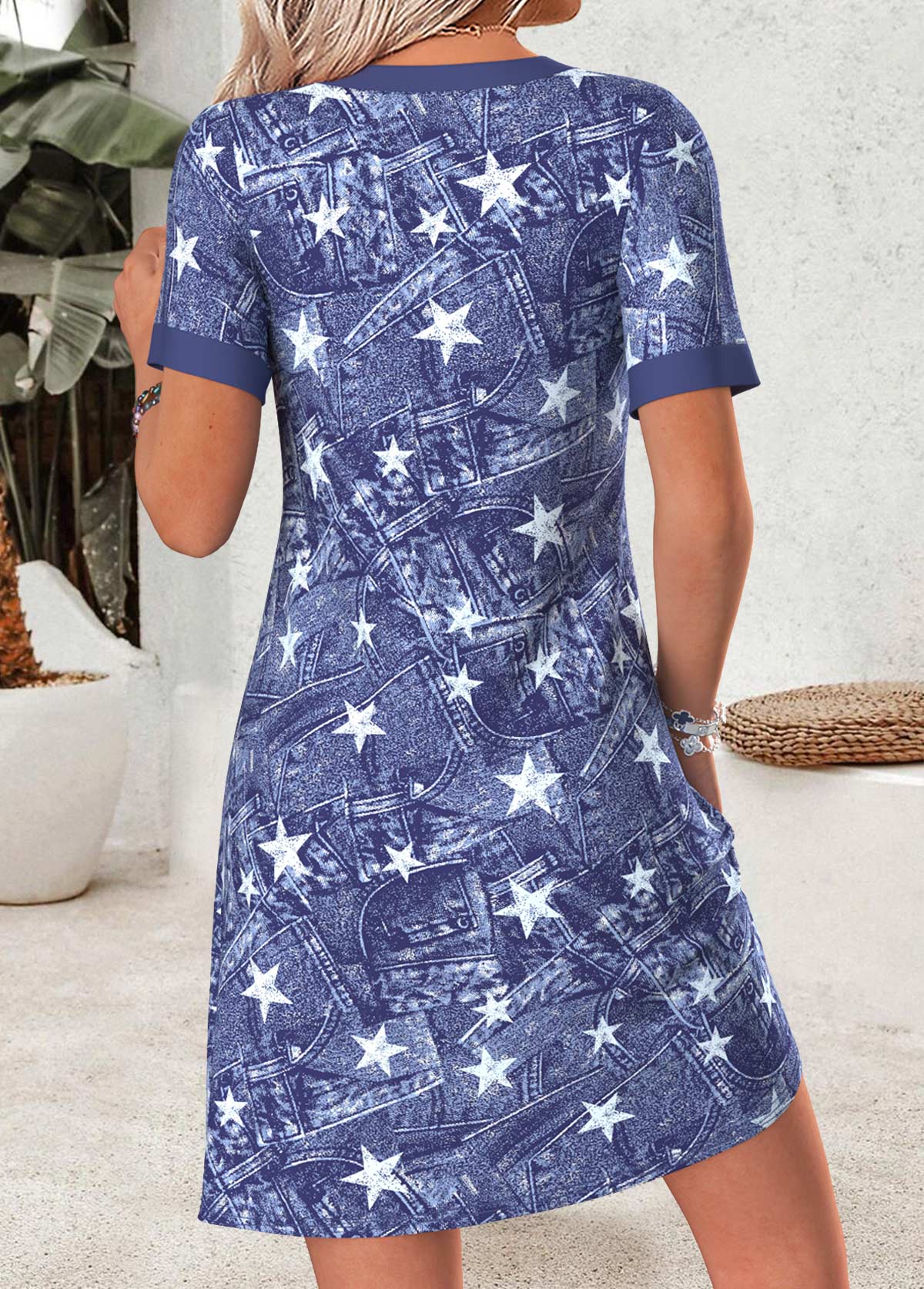 Denim Blue Star Print Short Tummy Coverage Dress | picture 