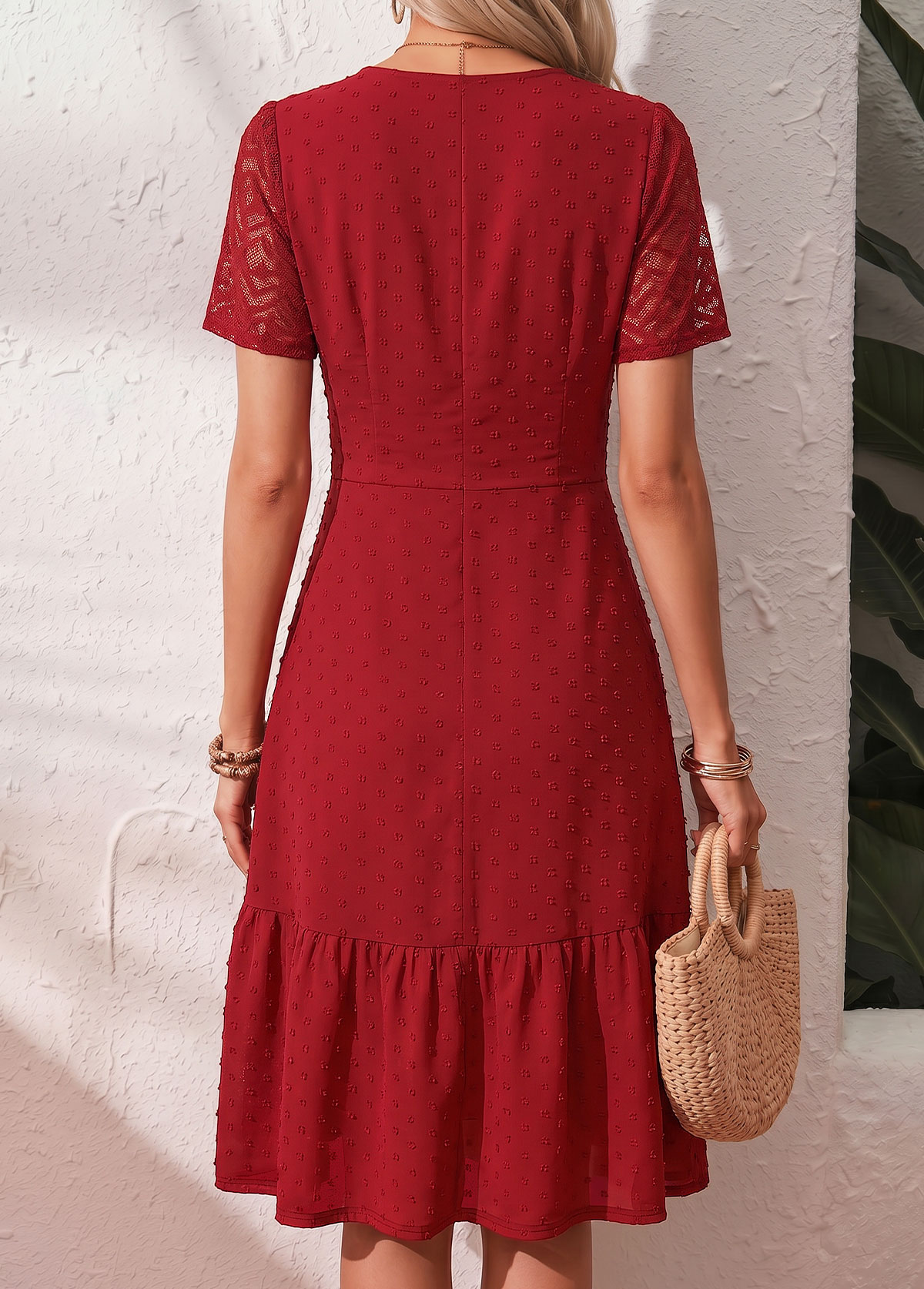 Red Shirred Short Sleeve V Neck Dress | picture 