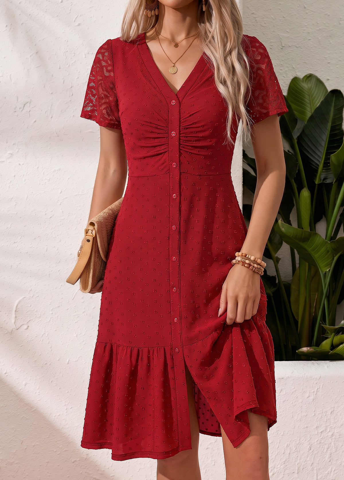 Red Shirred Short Sleeve V Neck Dress | picture 