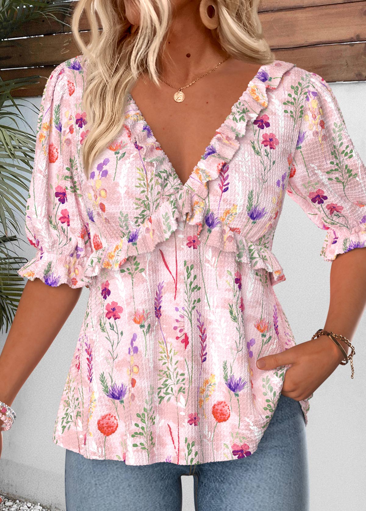 Pink Floral Print Ruffle Half Sleeve V Neck Blouse | picture 