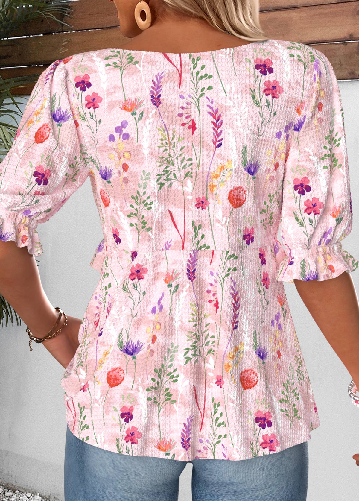 Pink Floral Print Ruffle Half Sleeve V Neck Blouse | picture 