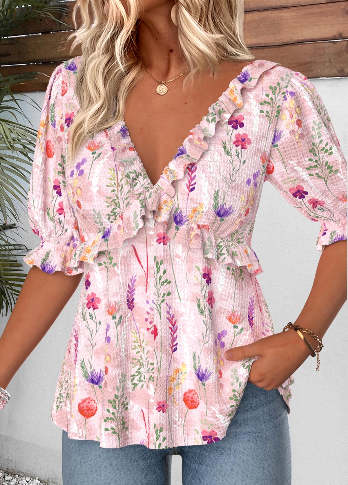 Pink Floral Print Ruffle Half Sleeve V Neck Blouse | picture 