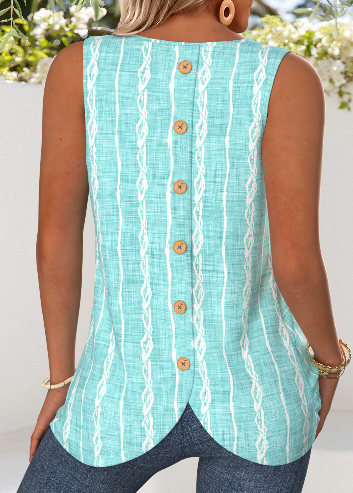 Mint Green Striped Curved Hem Sleeveless Tank Top | picture 