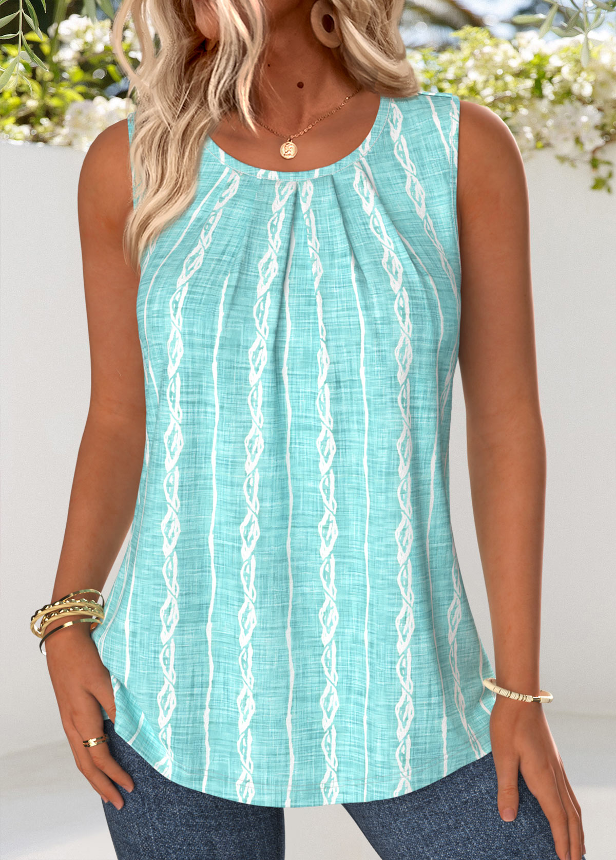 Mint Green Striped Curved Hem Sleeveless Tank Top | picture 