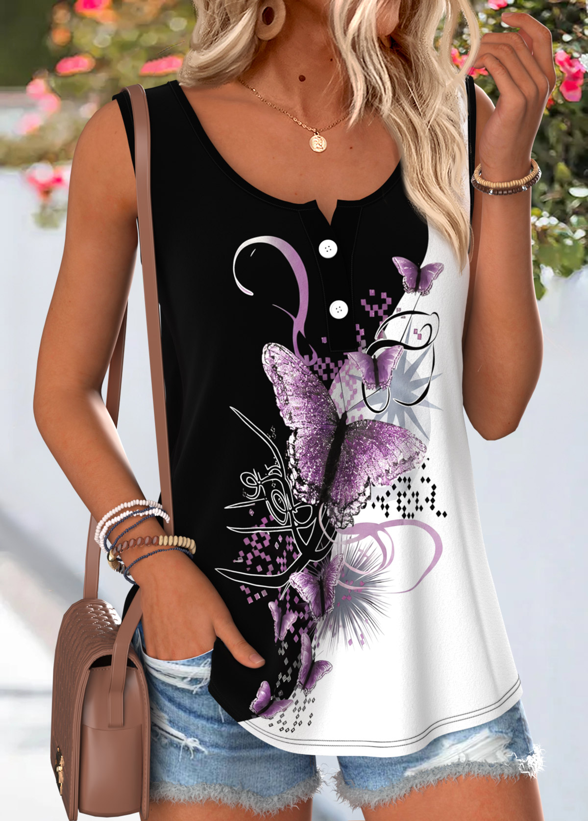 Black Butterfly Print Button Sleeveless Round Neck Tank Top | picture 