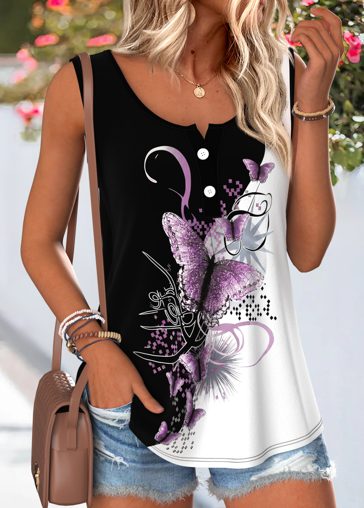 Black Butterfly Print Button Sleeveless Round Neck Tank Top | picture 