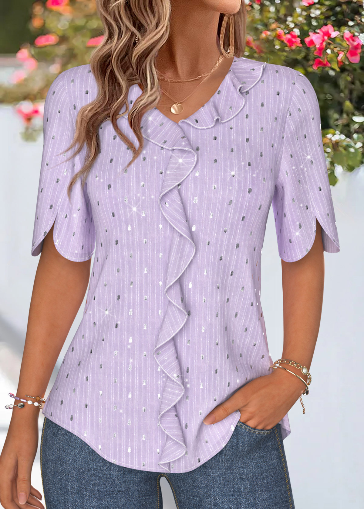 Light Purple Ruffle Half Sleeve V Neck Blouse | picture 