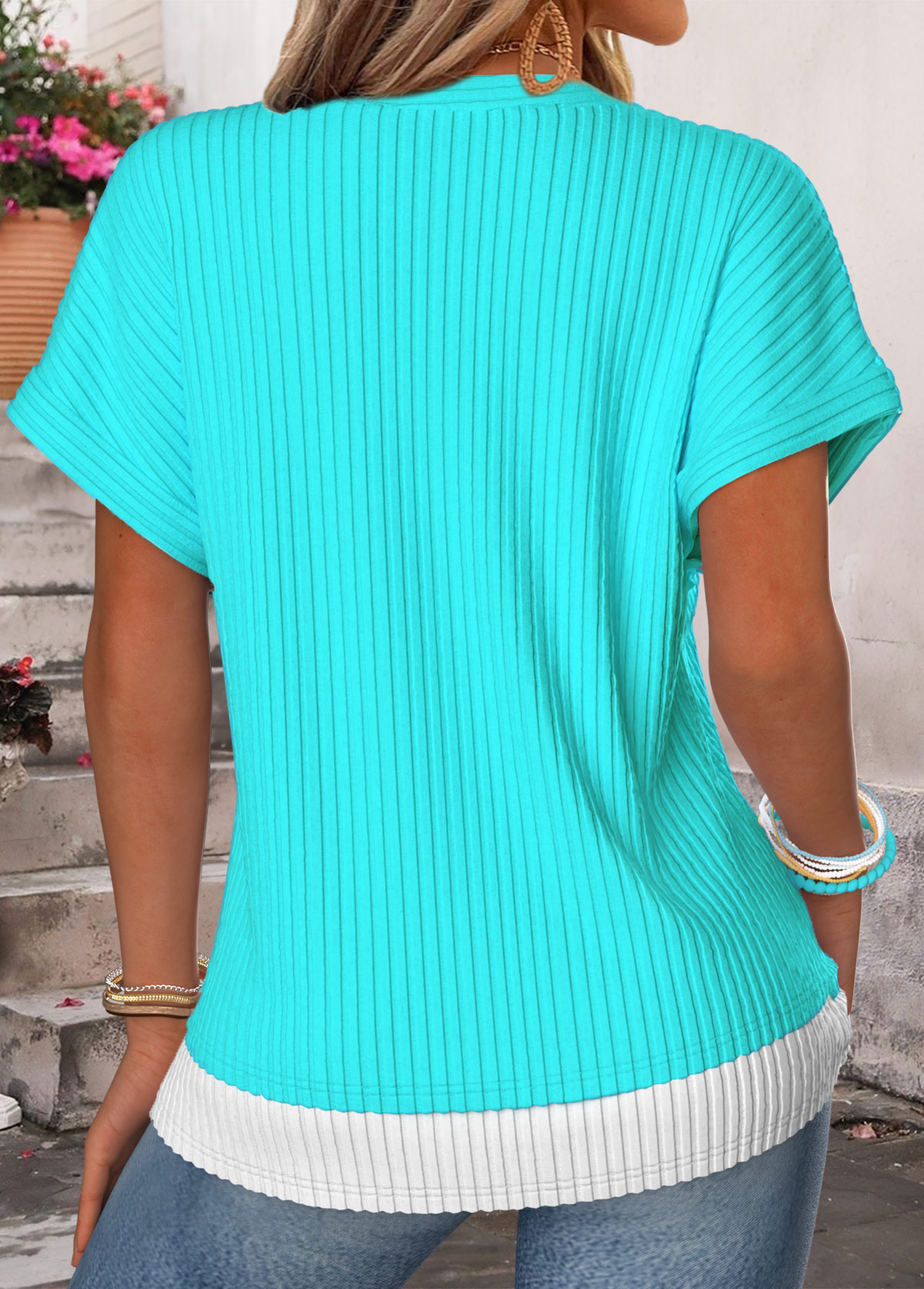 Blue Fake 2in1 Short Sleeve Split Neck T Shirt | picture 