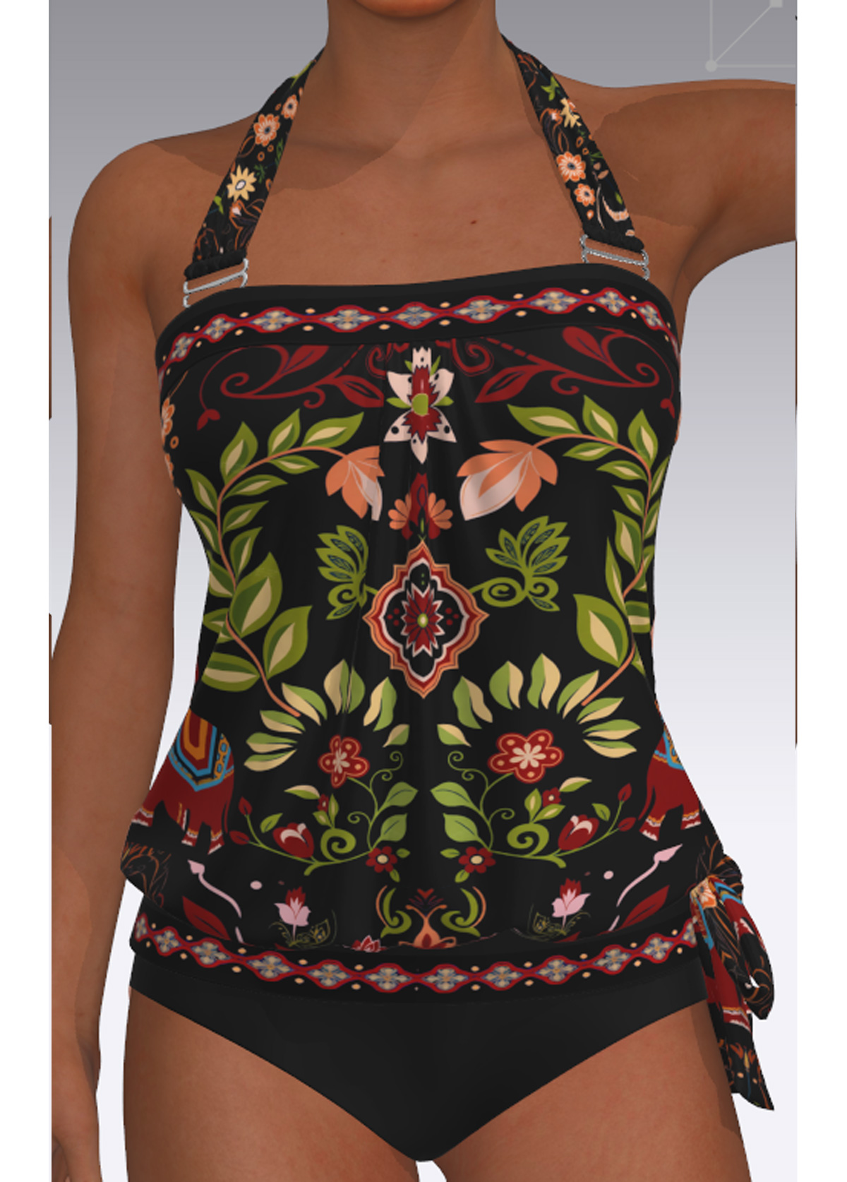 Black Mid Waisted Bowknot Tribal Print Tankini Set | picture 