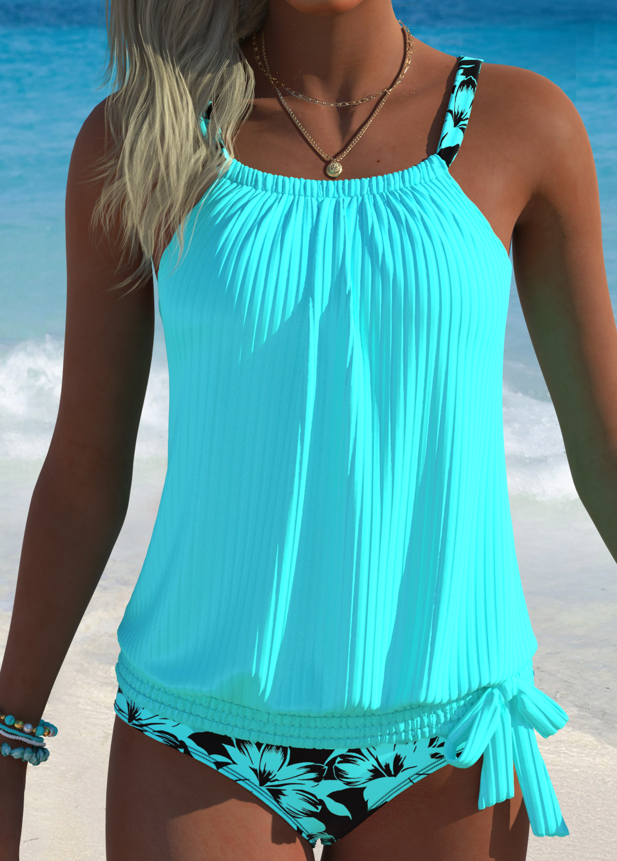 Cyan Mid Waisted Bowknot Floral Print Tankini Set | picture 