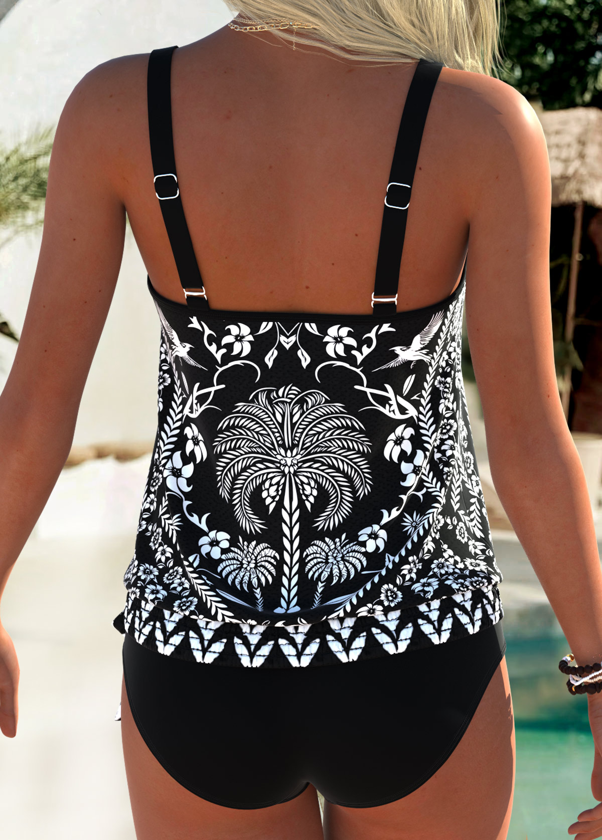 Black Mid Waisted Blouson Tropical Plants Print Tankini Set | picture 