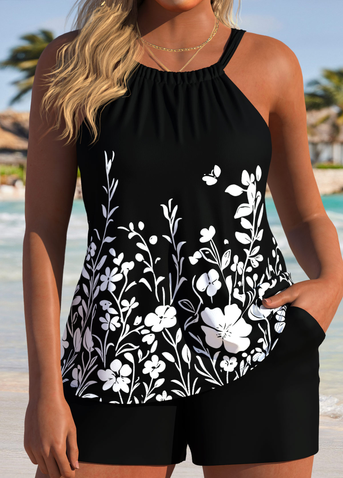 Black Mid Waisted Tube Floral Print Tankini Set | picture 