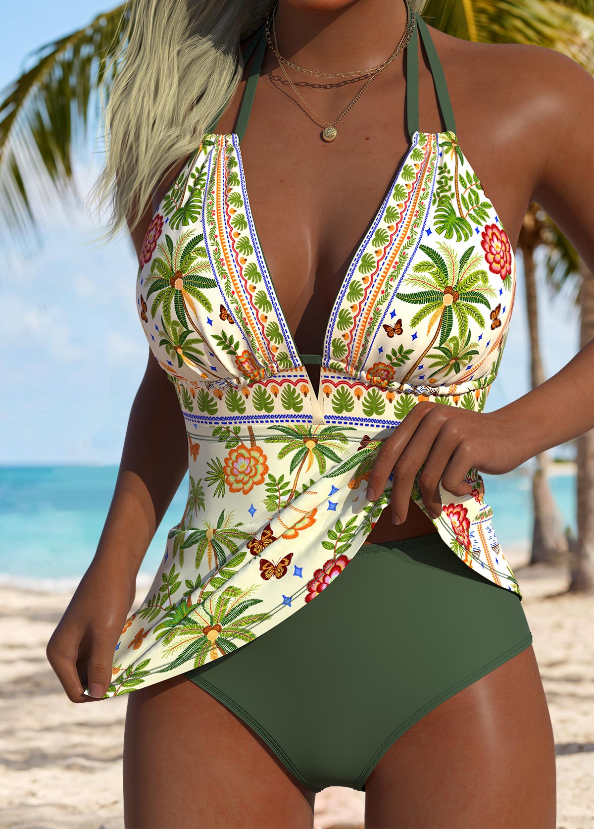 Multi Color Mid Waisted Tribal Print Tankini Set | picture 
